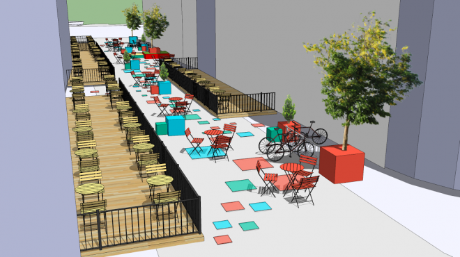 Dessin schématique (infographie) de ce qui est prévu, soit trois zones de tables avec des chaises, quelques arbres, espaces pour stationner son vélo...