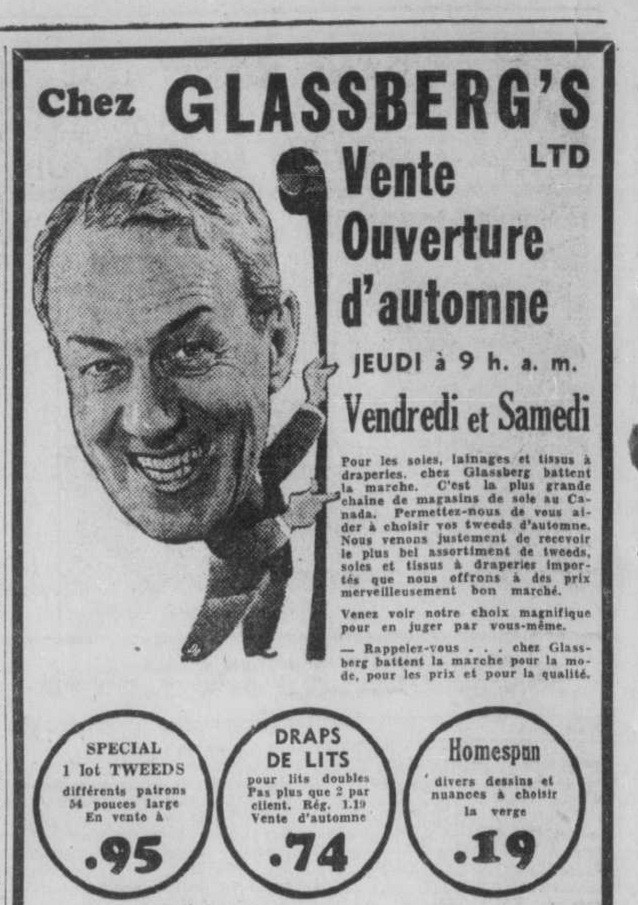 Annonce du magasin Glassberg's Ltd. dans le journal Le Soleil, 1936
